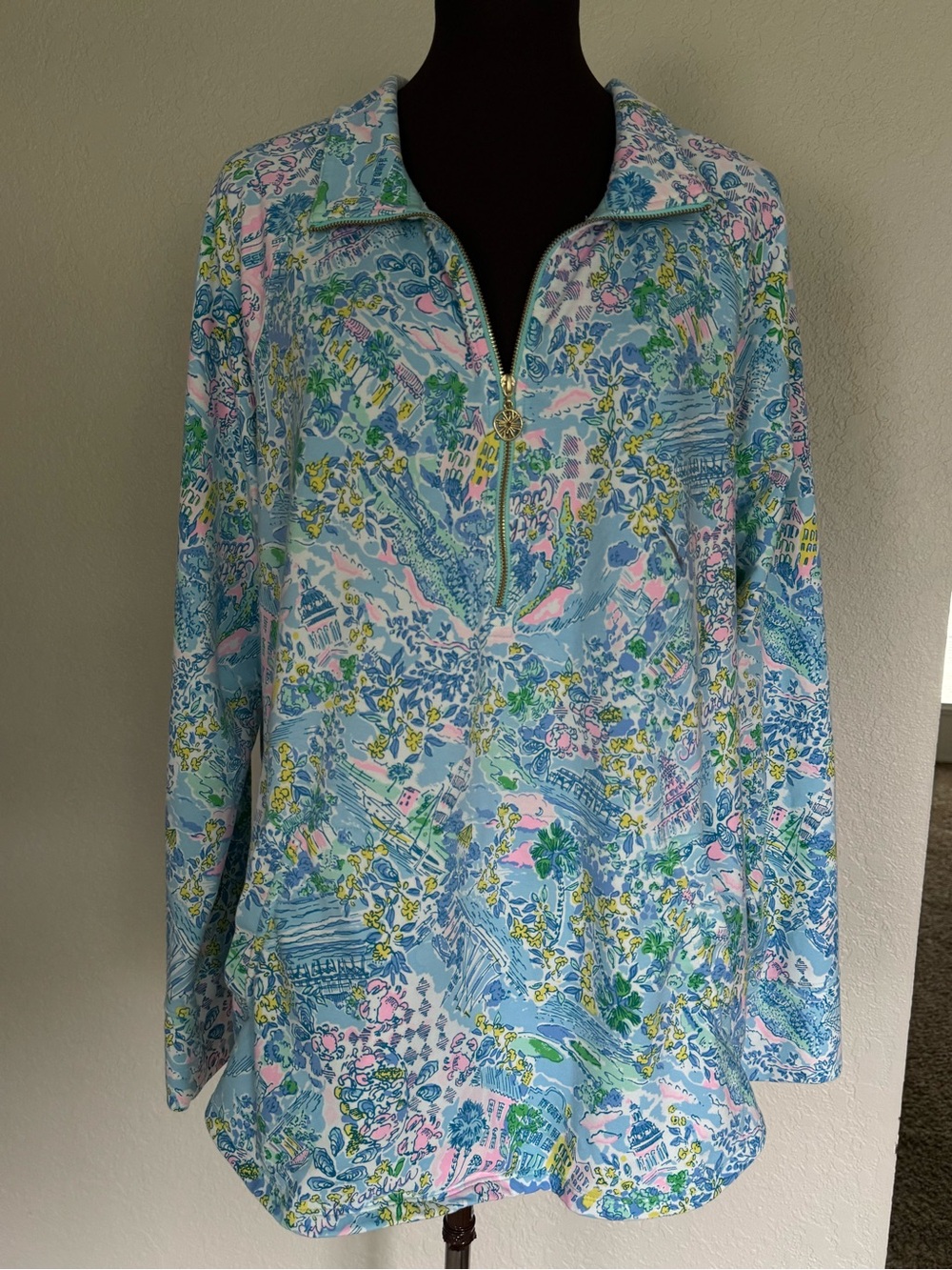 Lilly Pulitzer XXL Quarter Zip Pullover Blue Pink Tropical Print